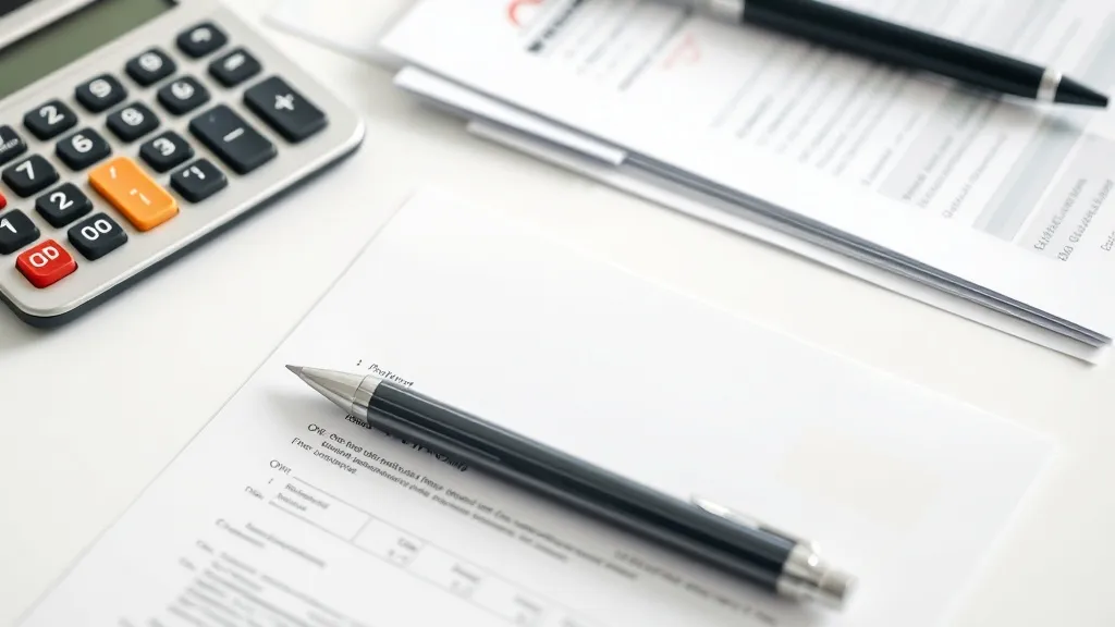 Close up of financial documents, a calculator and a pen on a