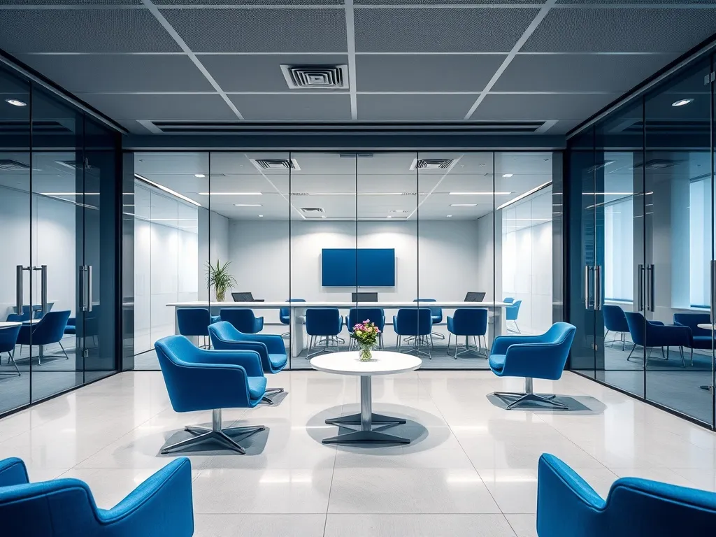 A professional modern bank interior, empty meeting room with