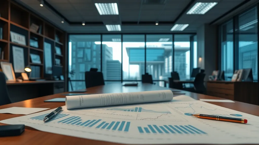 Professional banking office interior with blueprints and fin