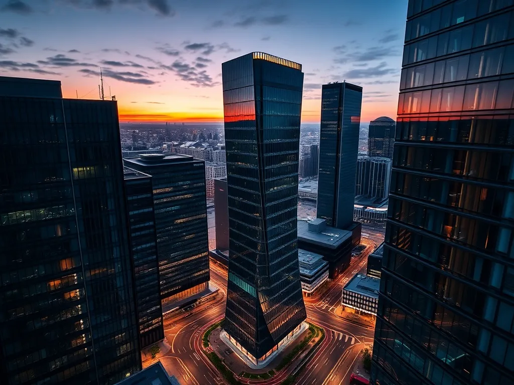 A professional high-angle shot of a modern financial distric